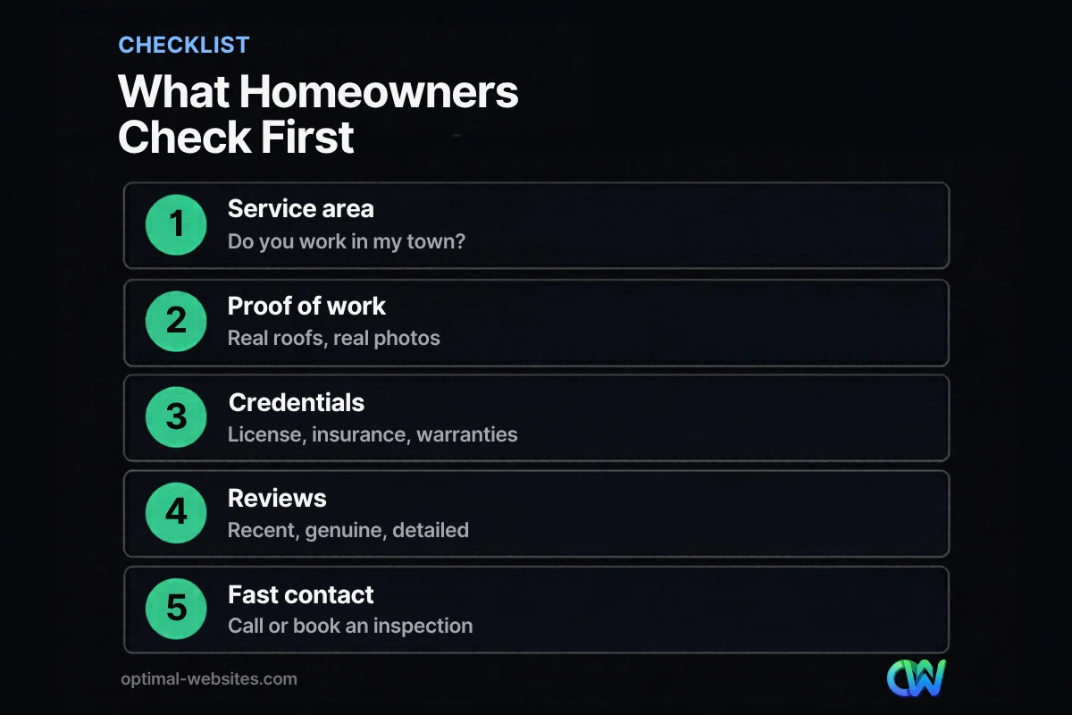 Checklist of five things homeowners check on a roofing website before they call