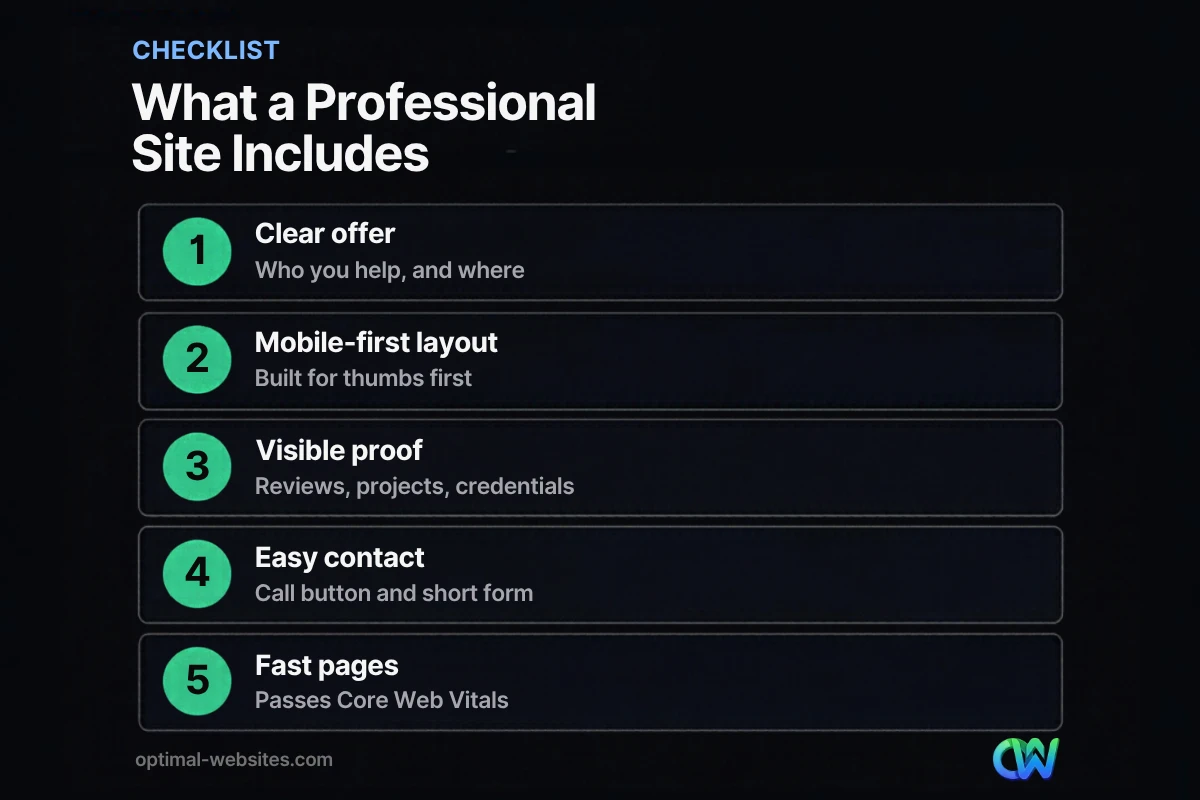 Checklist of five elements a professional small business website design includes