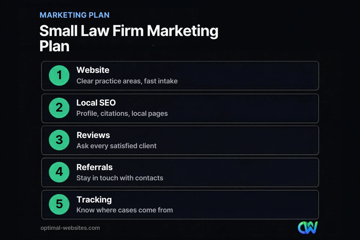 Five-part small law firm marketing plan covering website, local SEO, reviews, referrals and tracking