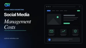 Social media management cost headline graphic with a website mockup