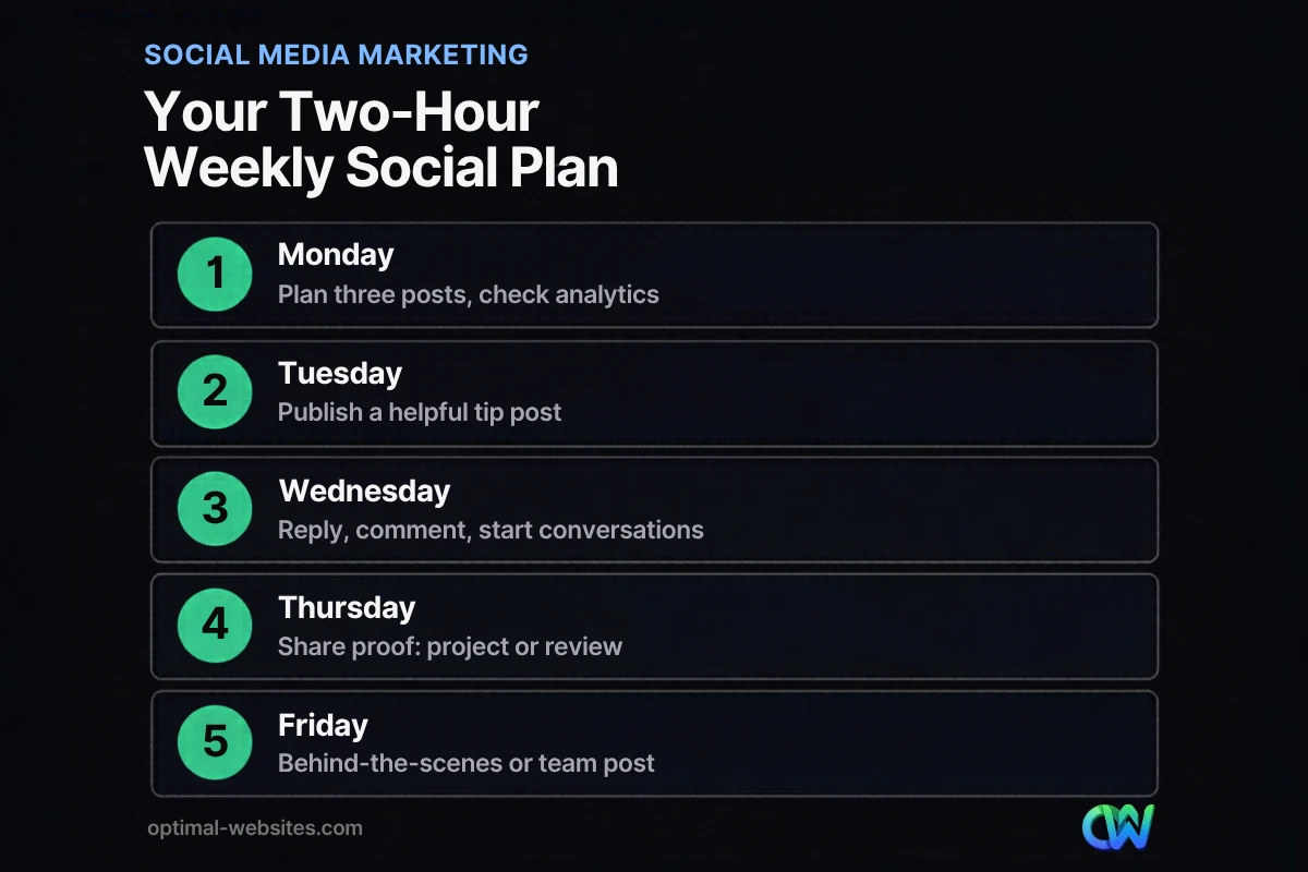 Weekly plan for social media marketing for small business, Monday through Friday