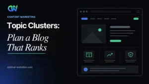 Topic clusters headline graphic with a website mockup