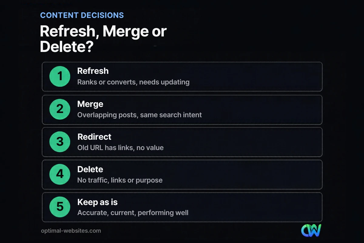 Comparison table for deciding when to update old blog posts for SEO, merge them or delete them