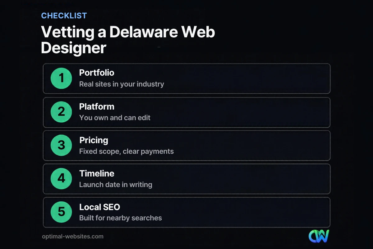Checklist of five things to check when vetting a Delaware web designer
