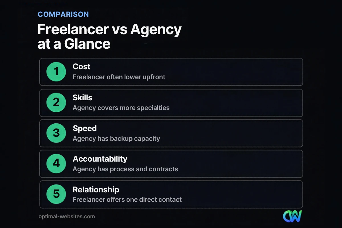 Comparison of freelance web designer vs agency on cost, skills, speed and accountability