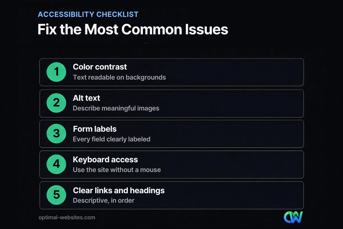 Infographic checklist of common website accessibility fixes for small business