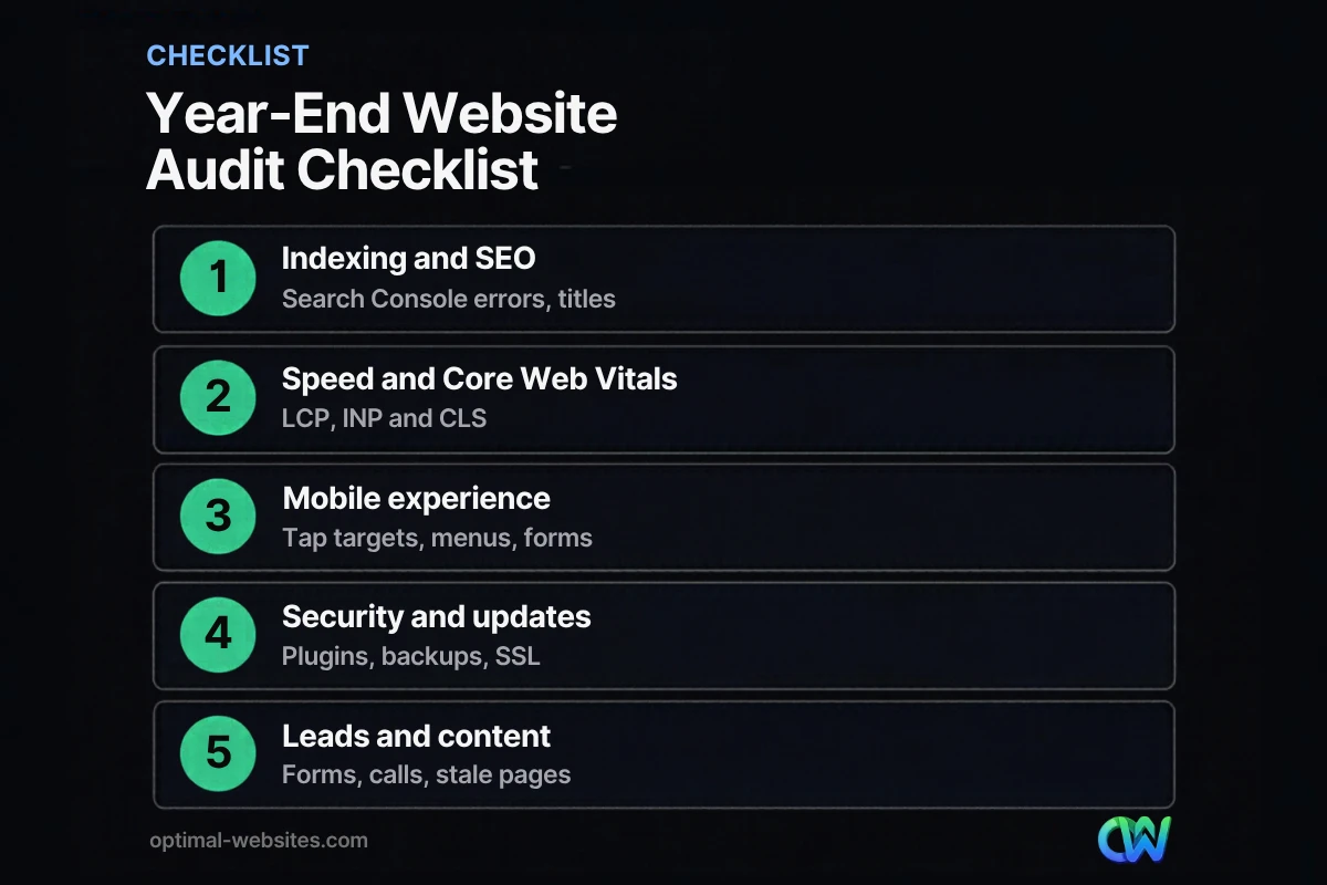 Website audit checklist covering indexing, speed, mobile, security and lead forms