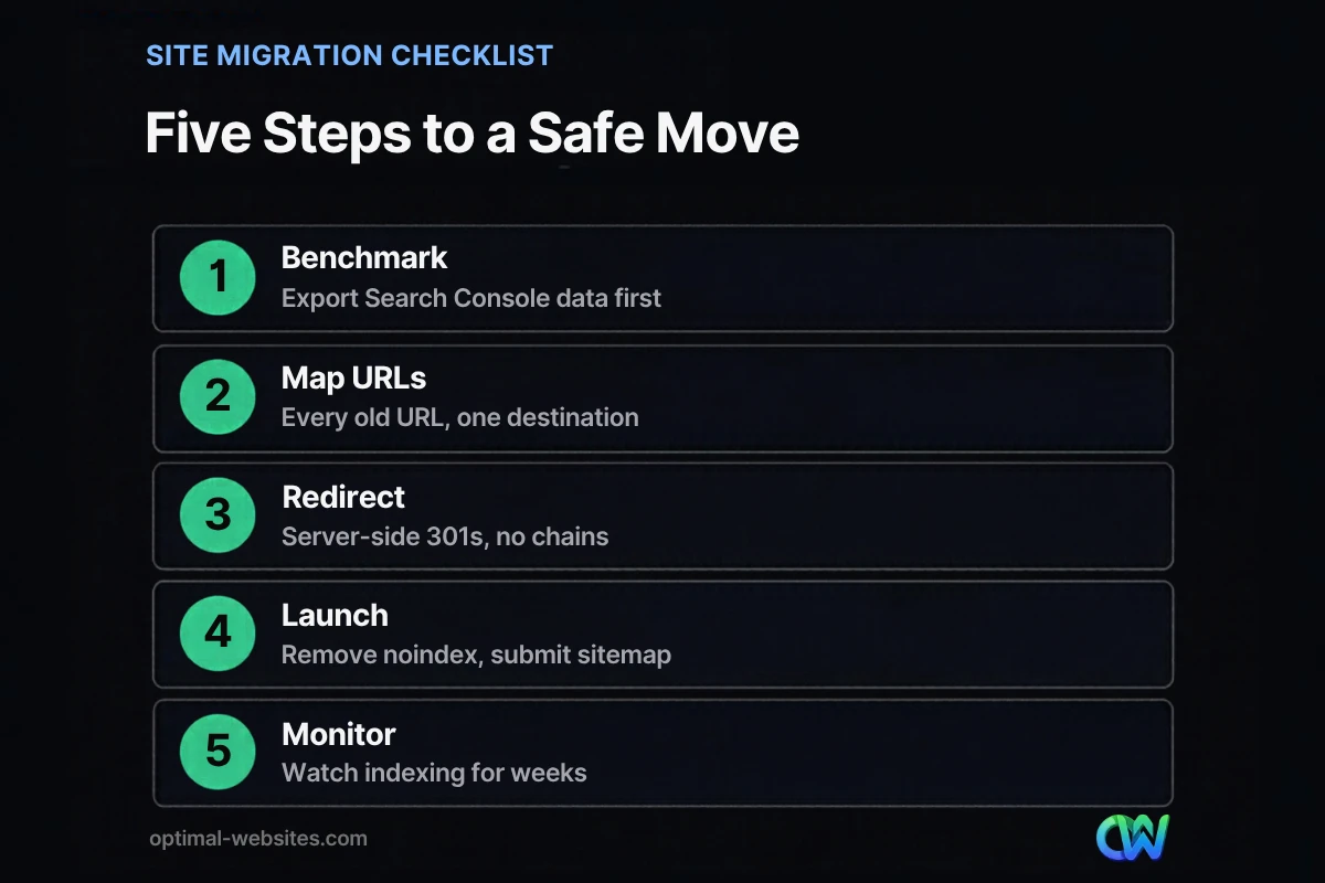 Five step site migration checklist for website migration SEO, from benchmark to monitoring