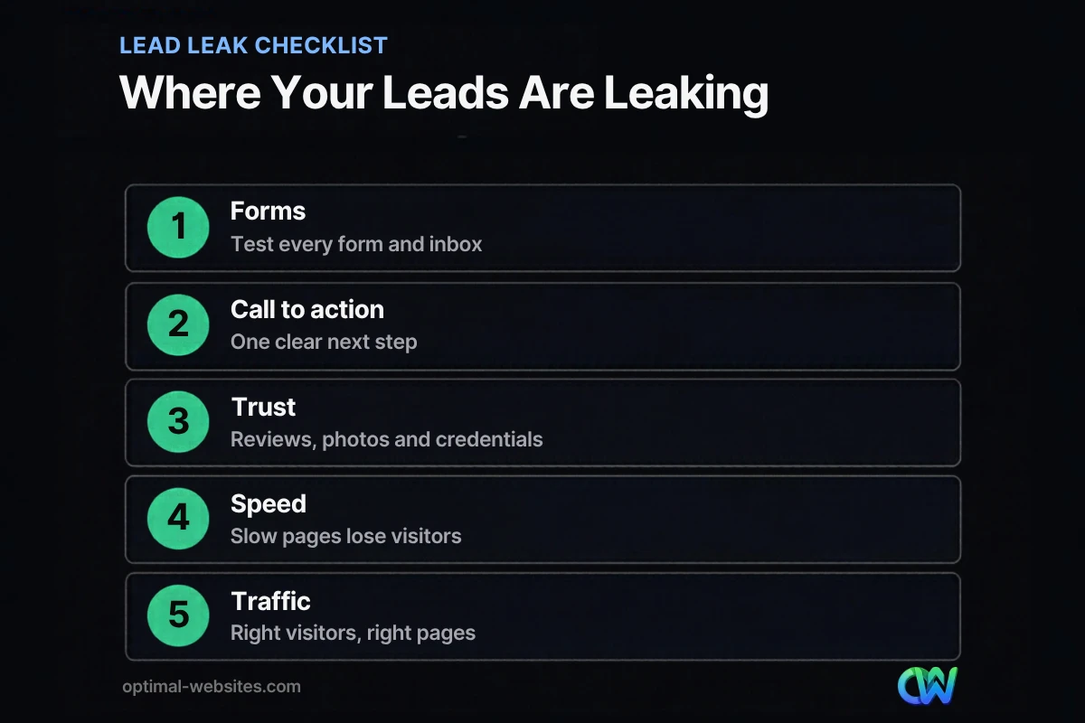 Checklist of five places a website not generating leads usually leaks