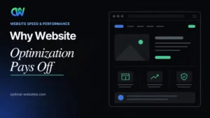 Website optimization dashboard showing speed, mobile, SEO and conversion scores for a small business site