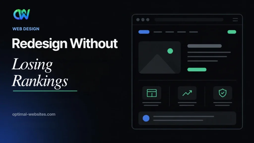 Website redesign checklist headline, redesign without losing rankings, beside a site mockup