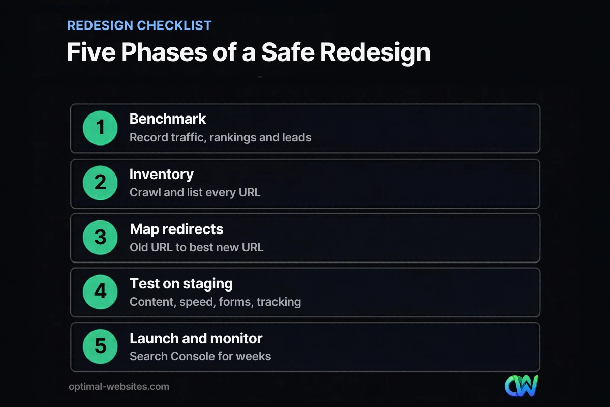 Five phases of a website redesign checklist from benchmark to monitoring