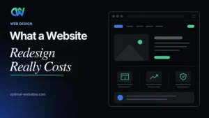 Old website card being rebuilt above a price slider showing website redesign cost