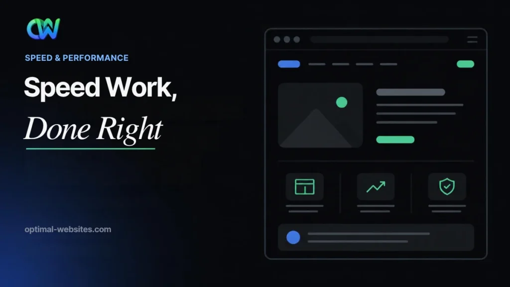 Before and after speed gauge from red to mint with a website speed optimization service checklist