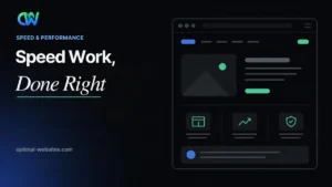 Before and after speed gauge from red to mint with a website speed optimization service checklist