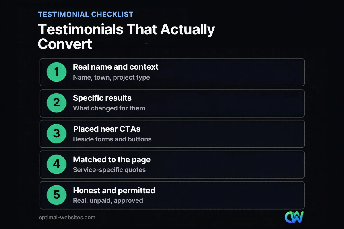 Checklist of five traits of website testimonials that convert visitors