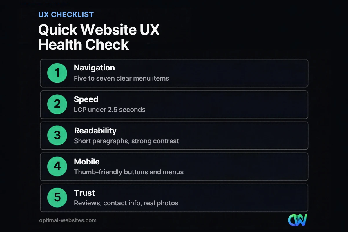 Website user experience tips checklist covering navigation, speed, readability, mobile and trust