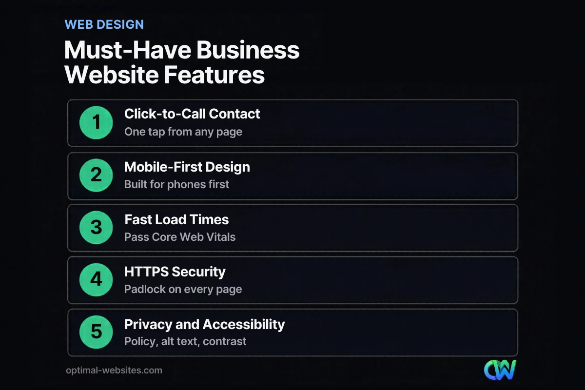 Infographic checklist of must-have website features answering what does a business website need