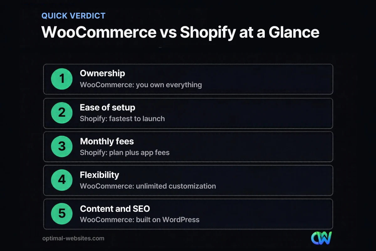 Infographic comparing WooCommerce vs Shopify on ownership, setup, fees, flexibility and SEO