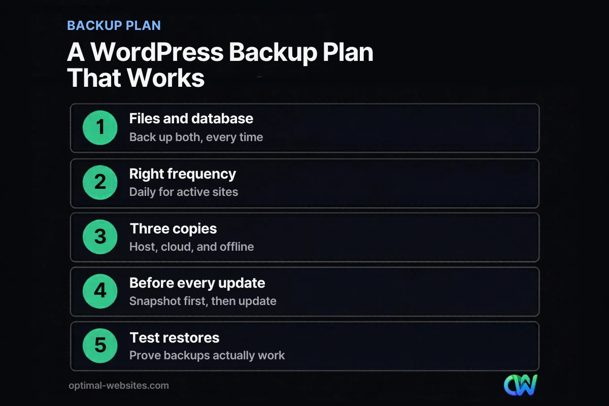 Checklist of five parts of a WordPress backups plan for business websites