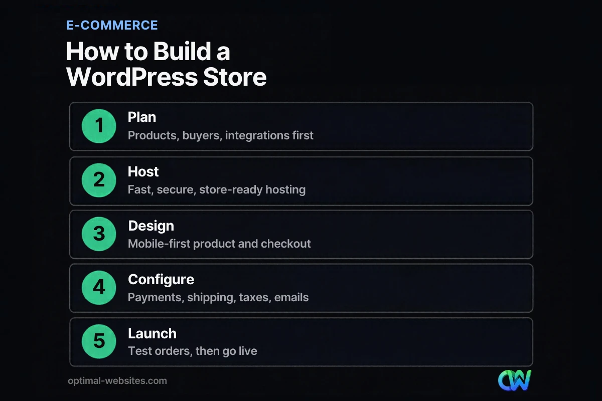 Infographic of five steps to build a WordPress ecommerce website