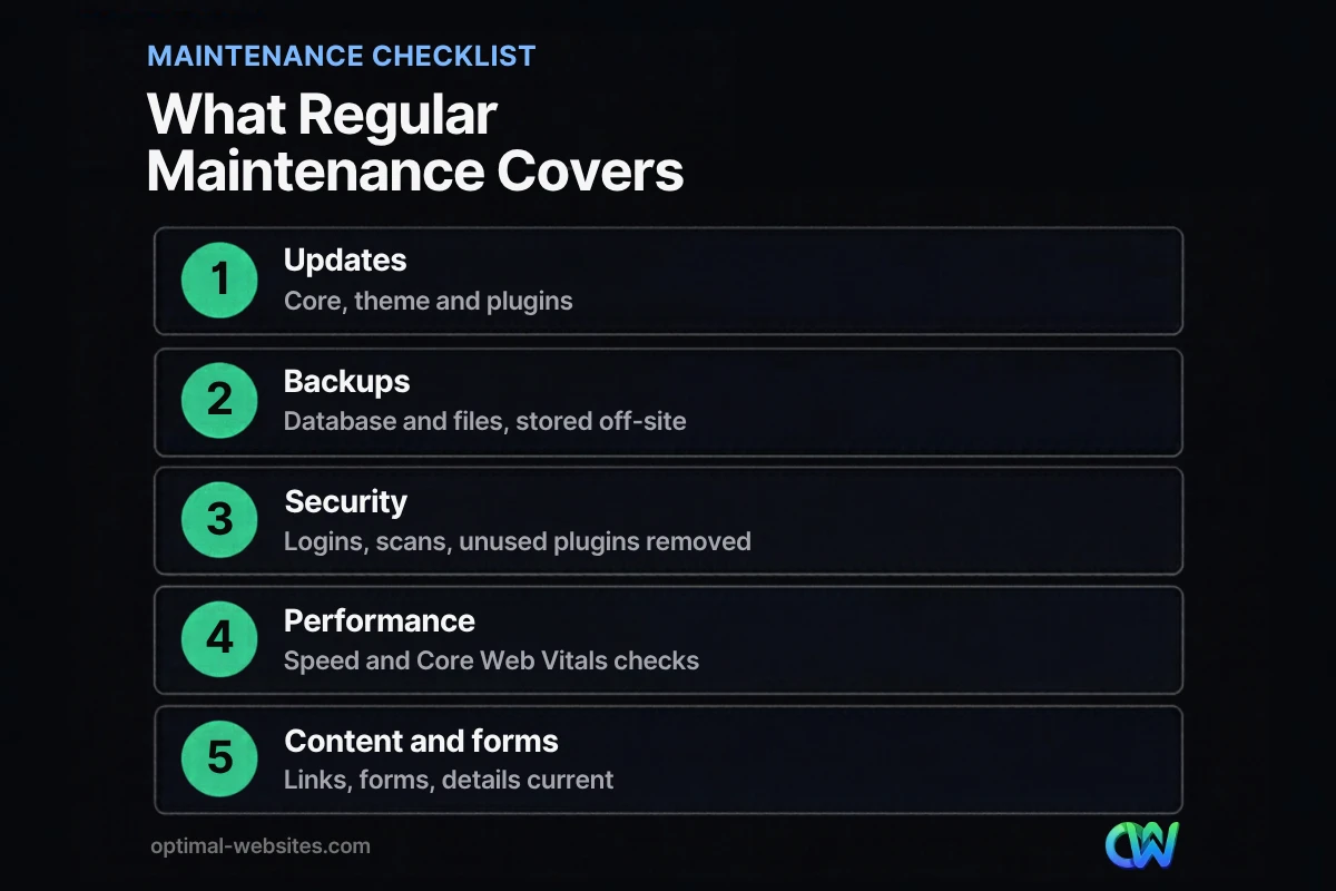 Checklist of five tasks included in WordPress website maintenance
