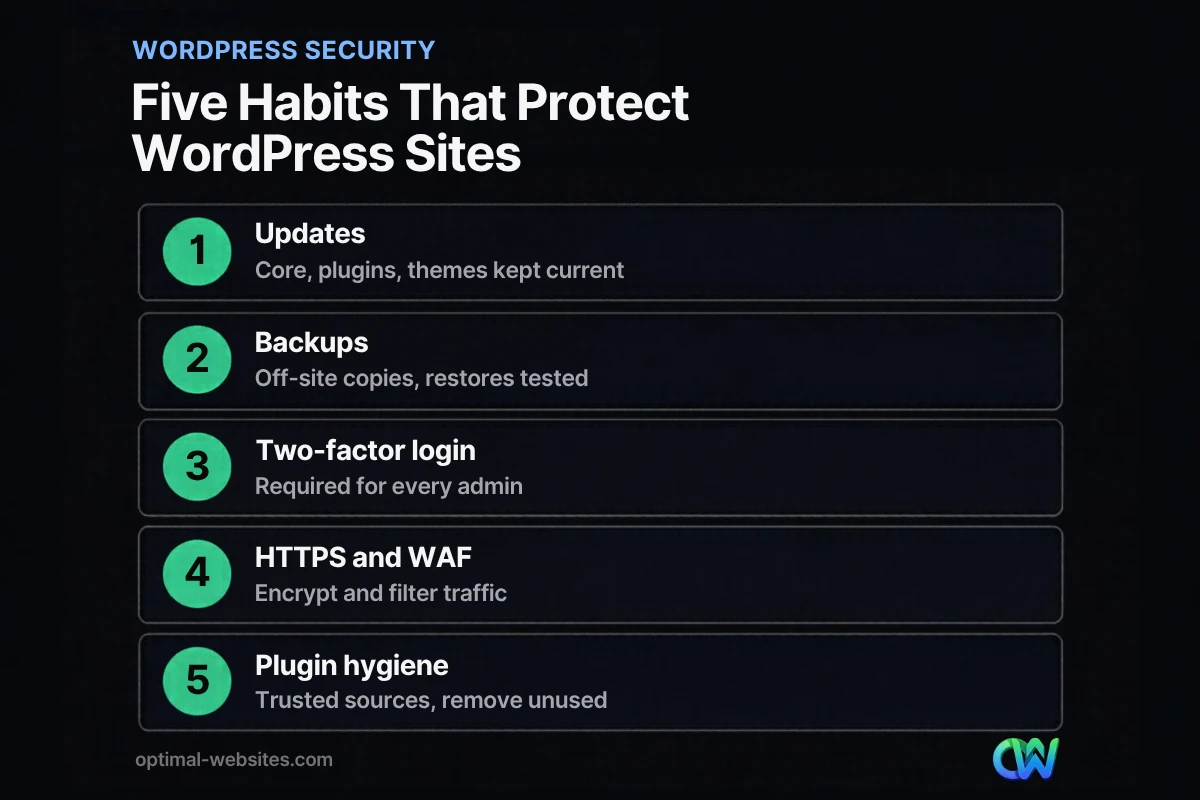 WordPress website security checklist infographic with five habits